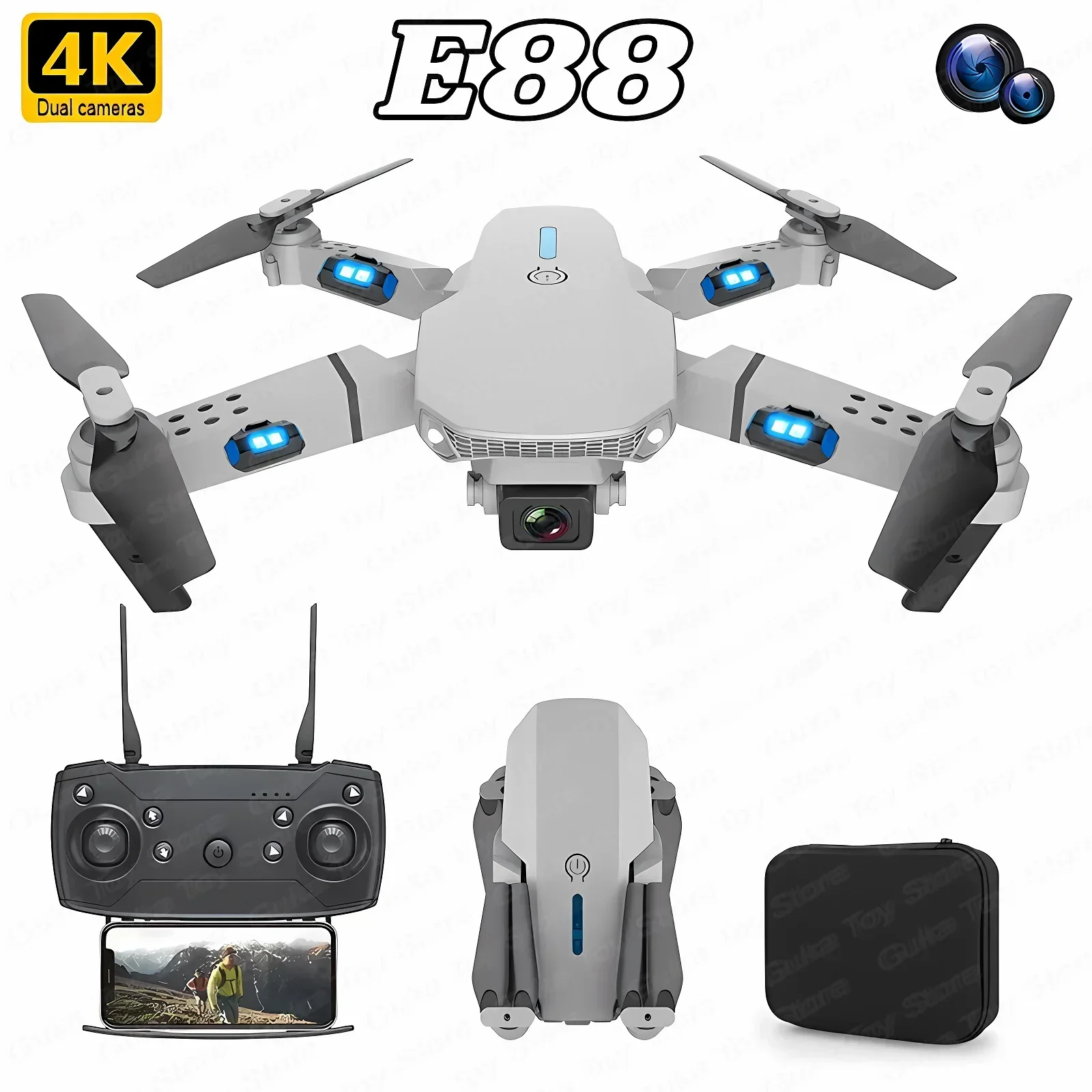 Drone Rc Pro - 折りたたみ式クワッドコプター,e88プロ広角fpv,wifi,hd,4k,1080p,カメラ,高さ保持,rc,ヘリコプターのおもちゃ,男の子へのクリスマスプレゼント